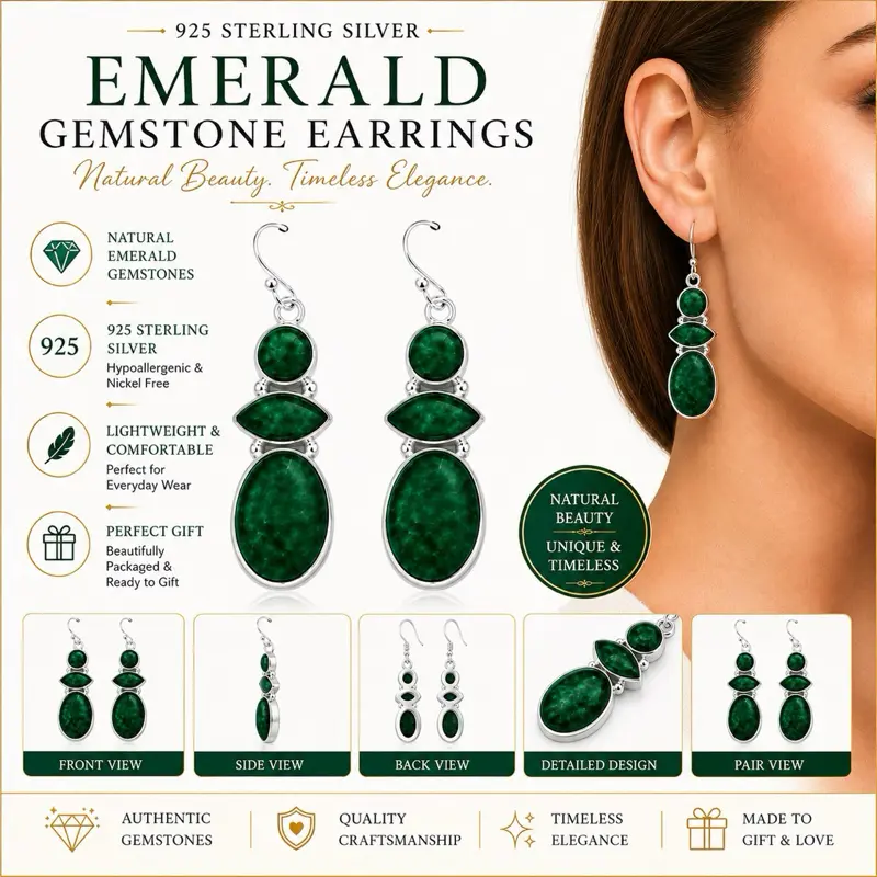 Emerald Gem Stone Earrings  | 925 Sterling Silver