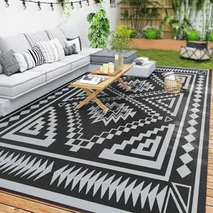 9' x 18' Reversible Outdoor Rug – Black & Gray Square Patchwork Pattern. Double-Sided – 2 Color Schemes. Waterproof Plastic Straw. Includes Carry Bag. Perfect for RV, Camping or Patio