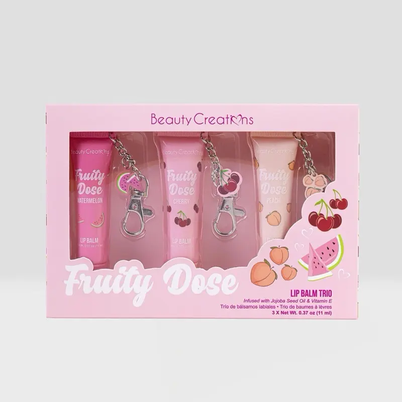 BeautyCreations Fruity Dose Keychain Lip Gloss Balm Trio Makeup Set - Infused with Jojoba Seed Oil, Vitamin E - 3 x 0.37 oz Compact Cosmetic Tubes for Lip Care Hydration, Hydrate, Multi-Pack, Makeup Products, Watermelon, Beauty Creations, 0.37Oz