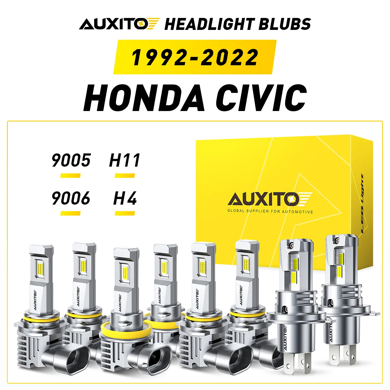 1992-2022 Honda Civic AUXITO LED Headlight Bulbs, H4/9003 (1992-2003), 9005 High Beam & 9006 Low Beam (2004-2015 Sedan), 9005 High Beam & H11 Low Beam (2014-2015 Coupe & 2016-2022),30000LM 6500K Cool White,Anti-glare,CANBUS Ready,No error,No Flickering