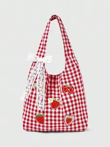 Retro, minimalist, fresh and artistic style, strawberry plaid tote bag with lace bow decoration, niche personalized practical texture, large capacity shoulder bag, suitable for dates, parties, shopping