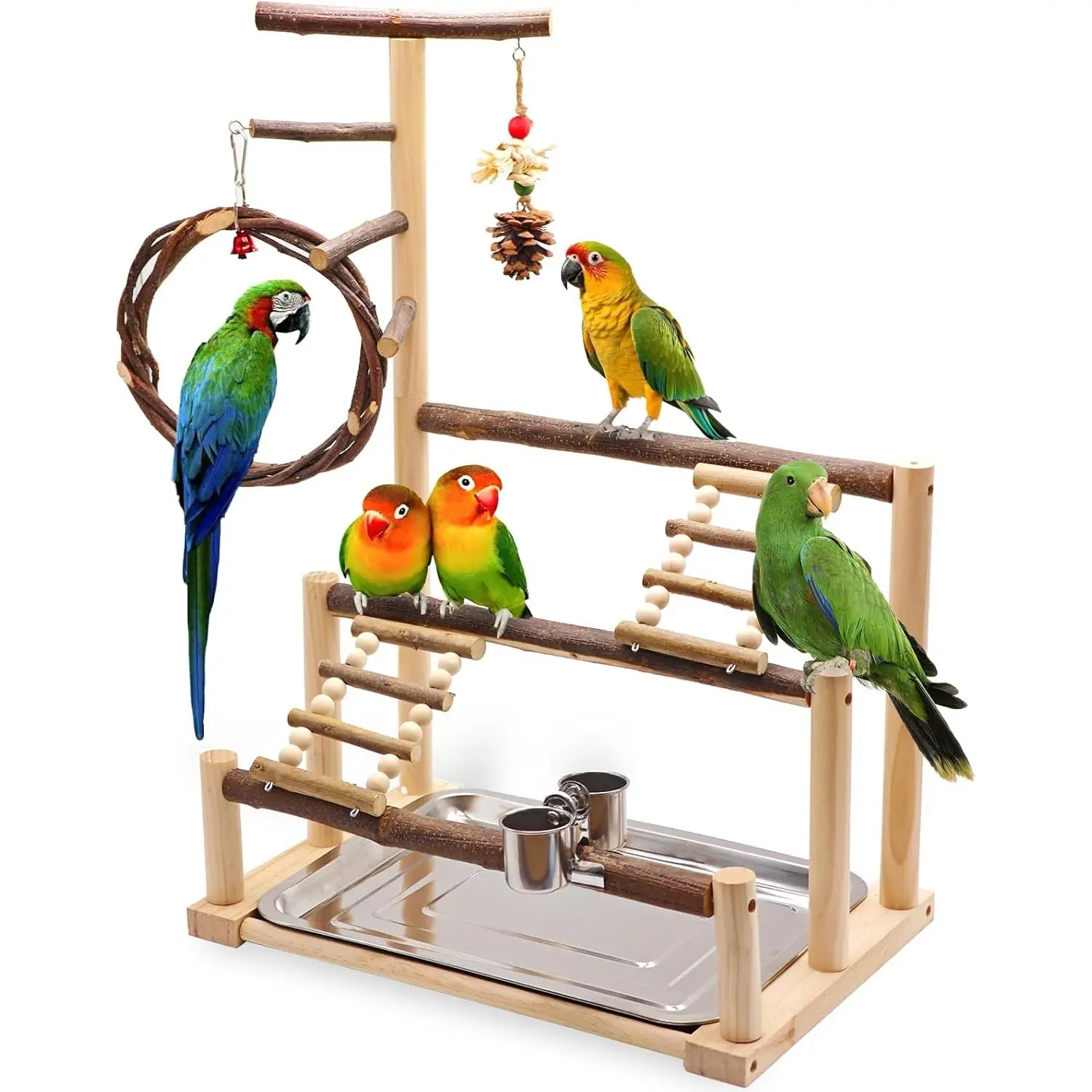 ‌Bird playground, natural wooden parrot stand, equipped with feeding cups, swings, chew toys, and other cage accessories suitable for small to medium-sized birds.Perfect for budgies, lovebirds, African grey parrots, and conures