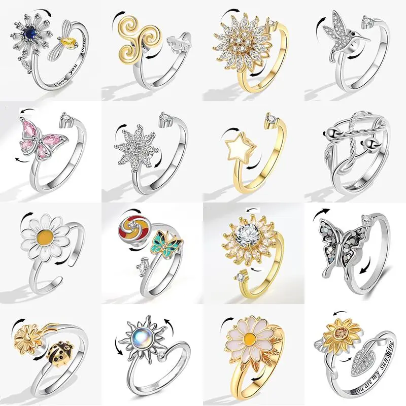 Fashion Luxury Fidget Spinner Ring Anxiety for Women Multiple CZ Butterfly Hummingbird Animal Rings Anti Stress Wedding Jewelry