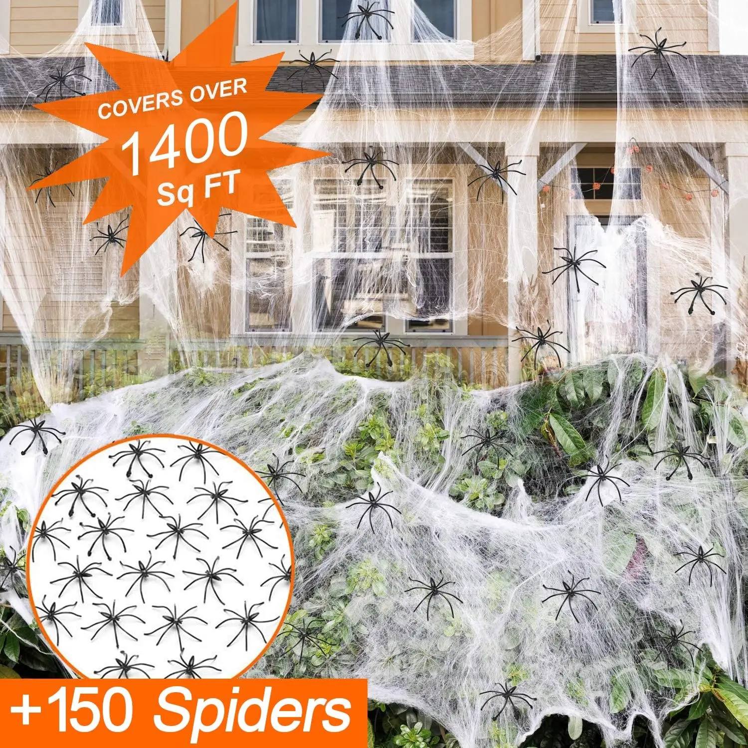 Halloween Spider Webs Decorations 1400 Sq Ft Super Stretch Cobwebs with 150 Extra Fake Spiders for Indoor Outdoor Party Ornaments