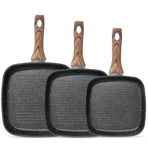 Non-Stick Cookware Set, Square Frying Pan, Wooden Handle, Suitable For Indoor And Outdoor Camping and Rv Cooking, Gift for Mother's Day