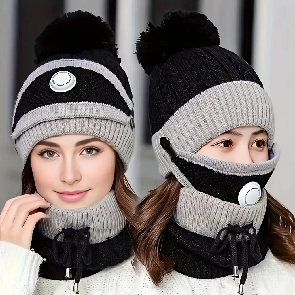 3-Piece Set~ Women's Autumn and Winter Windproof and Cold-Proof Thickened Fleece Warm Ear Muffs Hat Scarf Set, Suitable for Outdoor Sports Skiing and Cycling, Christmas, New Year Gift