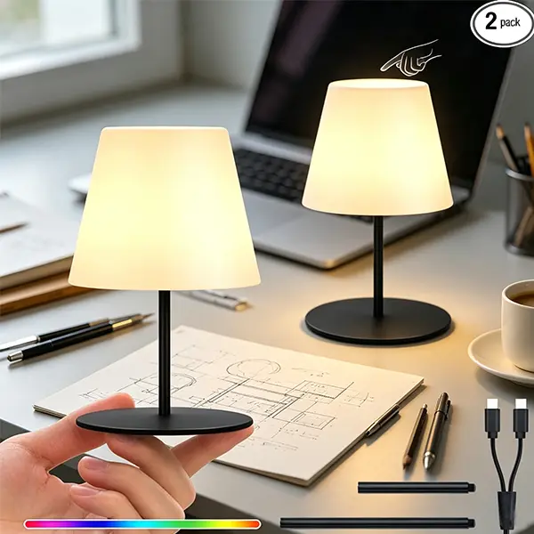 2 Pcs Mini Touch Shower Lamps Waterproof with 2-Step Warm White | Soft Light for Eye Care, Cordless Recharge lamp, RGB, IP44, Dual Plug USB Charging Cable, Color Temperature Memory(Black)