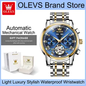 OLEVS 6607 Luxury Men's Automatic Mechanical Watch, Skeleton Blue Dial with Classic Roman Numerals, Year Month Date Week Multi-Time Display, Luminous Water Resistant Stainless Steel Wristwatch, Ideal Premium Gift for Husband, Father and Business Occasions