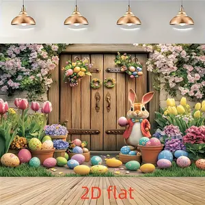Easter Bunny Floral Backdrop Tapestry Wall Hanging Photography Background Spring Garden Wooden Door Banner for Easter Wedding Birthday Baby Shower Home Party Decor Polyester Fabric