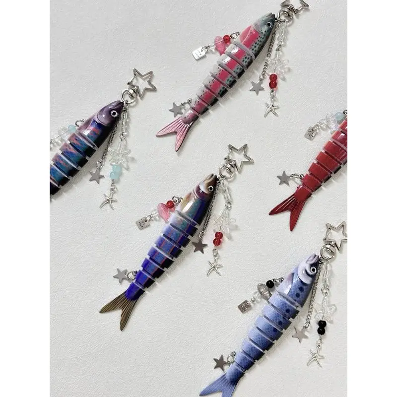 Novelty Star Fish Keychain,Fisherman Fishing Enthusiasts Creative Fish Bait Keychain,Jointed Design Fish Keychain with Beaded Charm,Fishing Lure Keychain Realistic Fish Keyring Bag Backapack Charm,Good Luck Aesthetic Fish Key Pendant Aesthetic Trinket