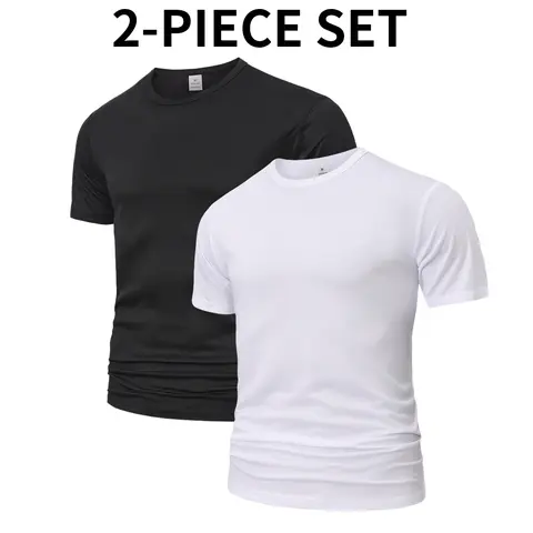 Men’s 2-Piece Quick-Dry Polyester Crew-Neck Sports T-Shirts Set - Waterproof, Moisture-Wicking, Soft Stretchy, Breathable, Non-See-Through, Durable, Gym-Fit for Fitness, Casual Wear