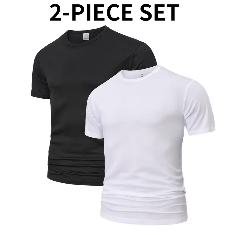 Men’s 2-Piece Quick-Dry Polyester Crew-Neck Sports T-Shirts Set - Waterproof, Moisture-Wicking, Soft Stretchy, Breathable, Non-See-Through, Durable, Gym-Fit for Fitness, Casual Wear