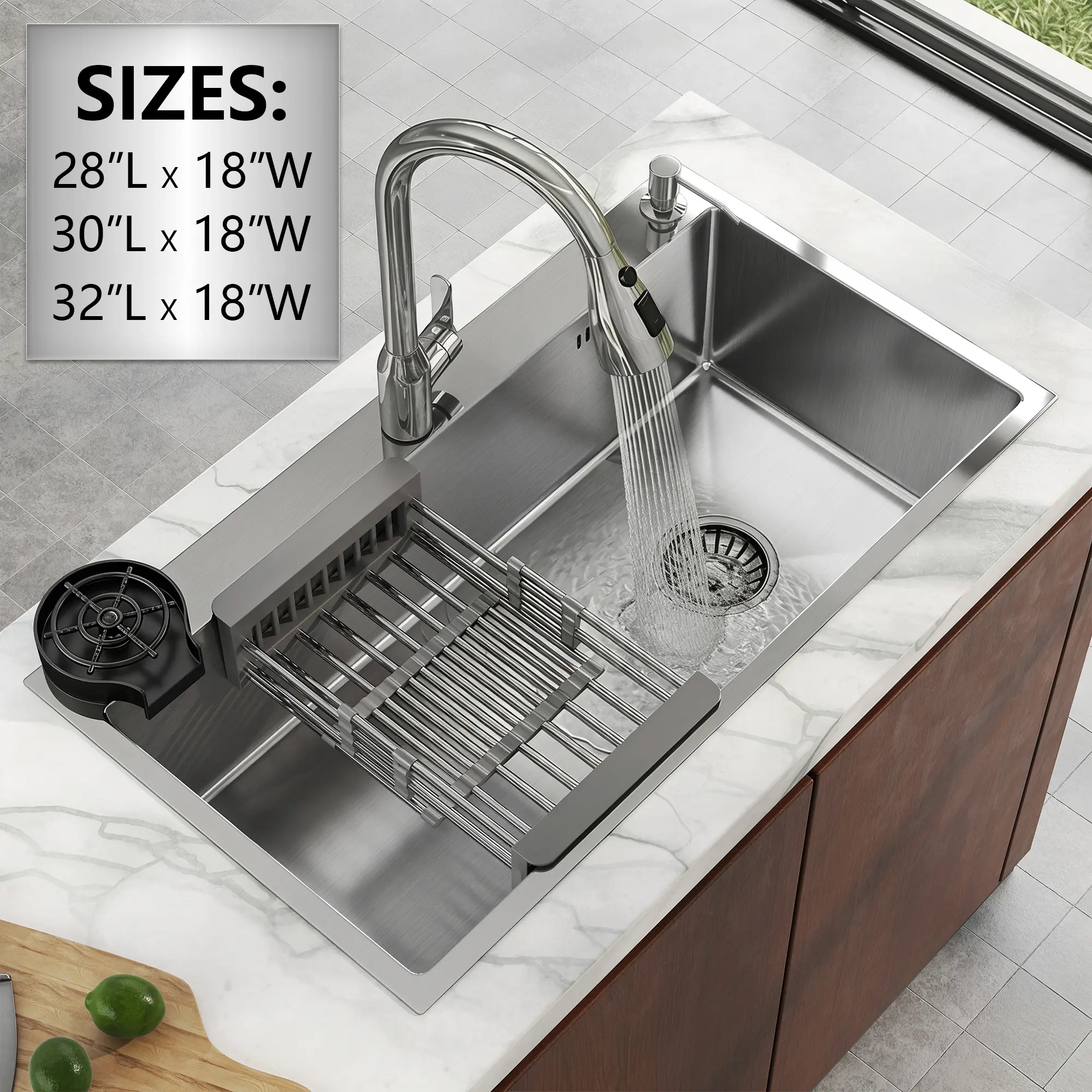 Silver stainless steel kitchen sink (28“/30"/32" single bowl, drop-in/top-mount) with faucet, glass rinser, soap dispenser, and retractable drying basket