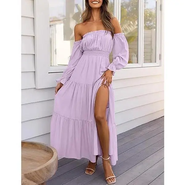 Women's Terracotta Off-Shoulder Maxi Dress - Casual Cute Bohemian A-Line with Long Puff Sleeves, High Slit, Flowy Maternity Clothing for Pregnancy Reveal, Off-Shoulder Glam Outfit
