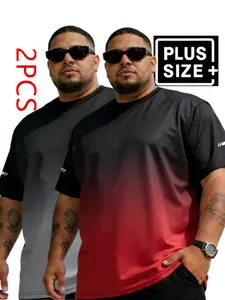 1XL-6XL,Men's plus size 2-piece gradient T-shirt, black to gray and black to blue dark blue short sleeved T-shirt, casual Streetwear round neck top, suitable for tall figures