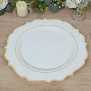 10-Pack Economy Plastic Charger Plates 13" Round White with Gold Scalloped Rim - Decorative Dinner Party Serving Plates
