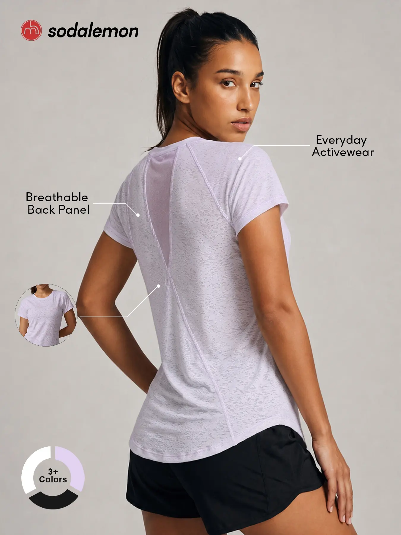 Sodalemon Women Breathable Mesh Back Panel Short Sleeve Workout T-Shirt, Crew Neck Running Yoga Top, Outdoor Gym Fitness Activewear