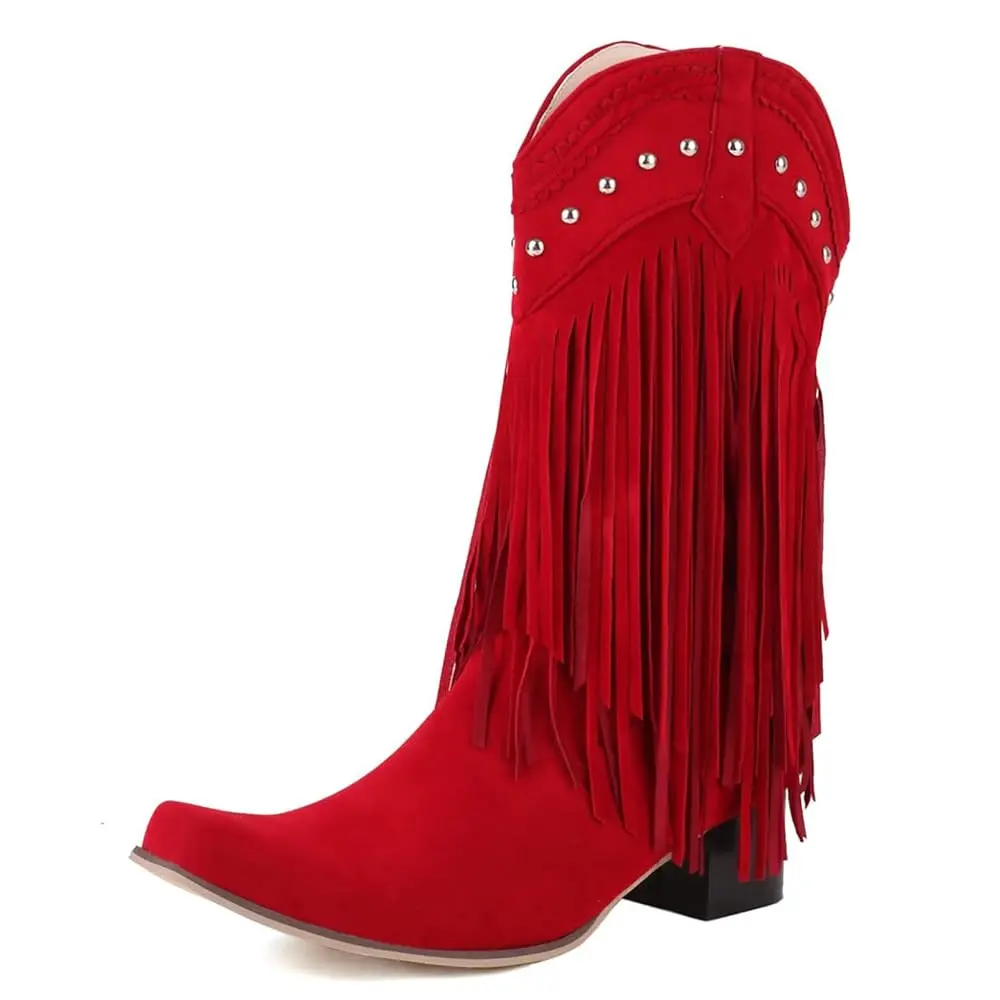 Women's Red Western Cowgirl Boots, Mid Calf Pull-On with Tassel Fringe, Soft PU, Chunky Block Heel and Pointed Snip Toe, Anti-Slip Rubber