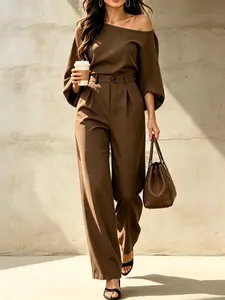 Two-Piece Set Spring Plain One-Shoulder Lantern Sleeve Top & High-Waisted Wide Leg Pants, Casual Loose Fit, Perfect for Office Wear, Commuting, Daily Wear, Going Out, Shopping & Y2K, Womenswear