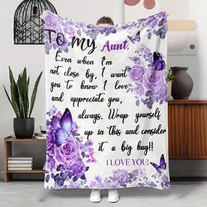 Glam Style Hypoallergenic Flannel Throw Blanket - "To My Aunt" Love Appreciation Digital Print, Machine Washable, Tear Resistant, All-Season Knitted Polyester Blanket For Sofa, Bed, And Office - Ideal Gift For Aunt From Niece Or Nephew, 1PC