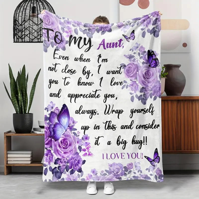 Glam Style Hypoallergenic Flannel Blanket Throw - "To My Aunt" Love Appreciation Slogan Print, Machine Washable, Tear Resistant, All-Season Knitted Polyester Cozy Blanket, Ideal Niece/Nephew Gift for Aunt, 1PC (For Sofa, Bed), Cozy Blanket Throw, Flannel