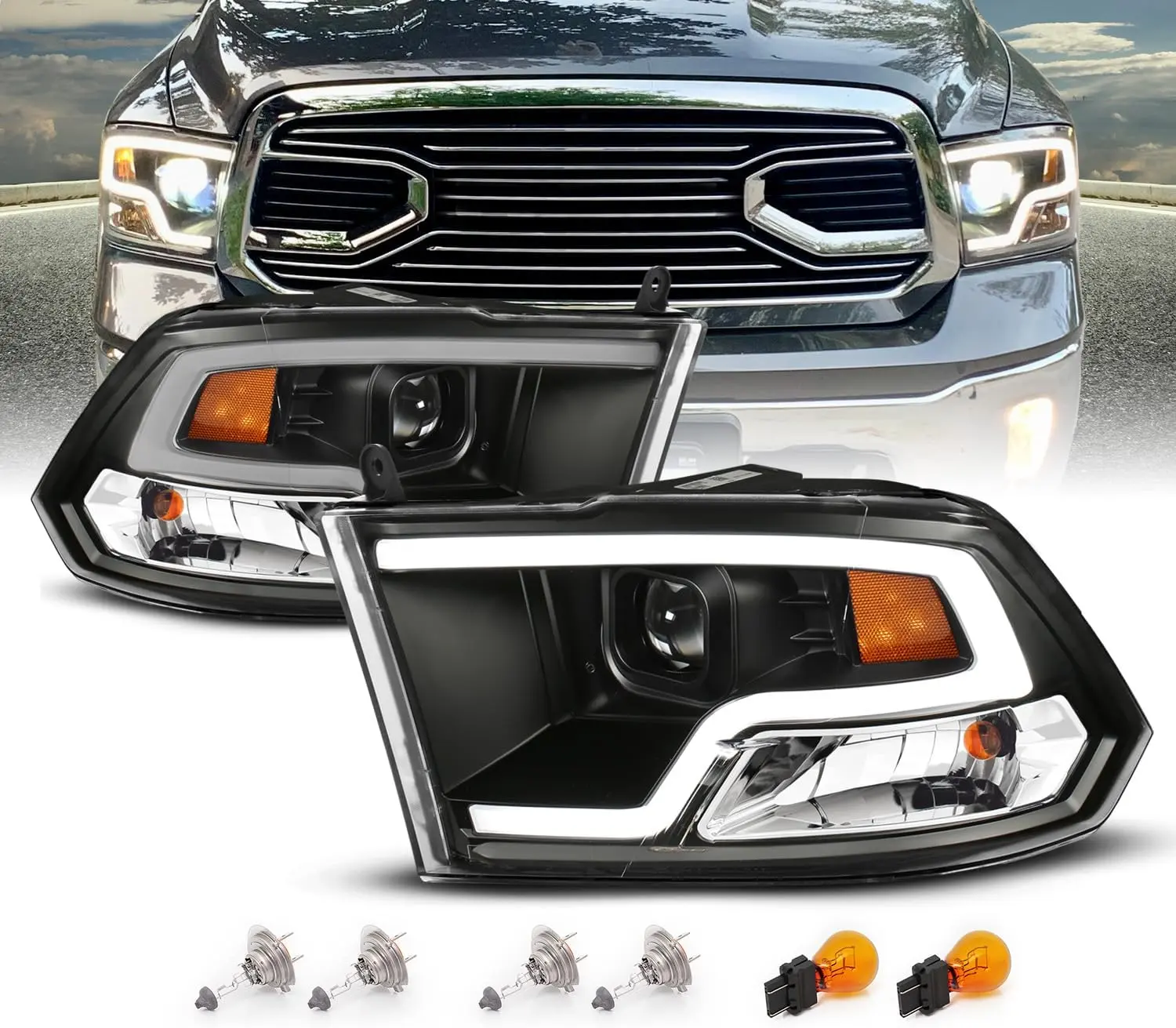 AmeriLite LED Plank Tube Black Square Projector Headlights Assembly for 2009-2019 Dodge Ram 1500 2500 3500 Pair - Driver and Passenger Side