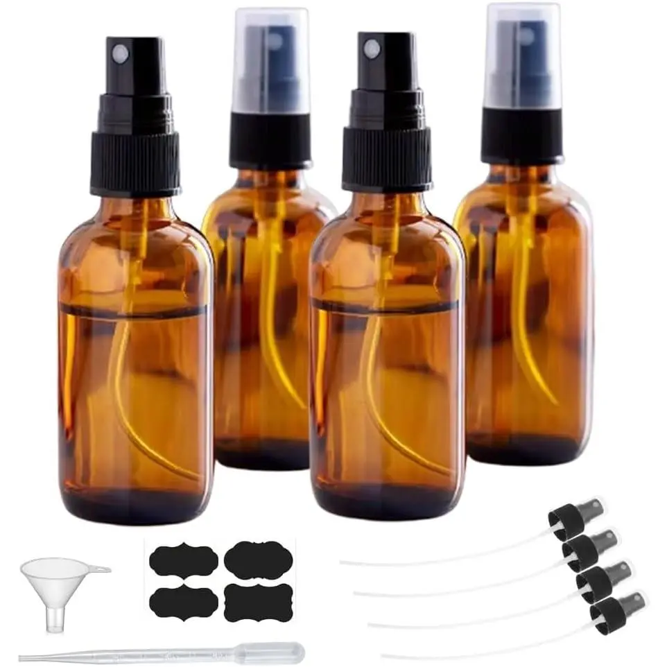 Refillable Glass Spray Storage Bottles & Jars 4-Pack Container Set - Leakproof, Small, Modern, BPA-Free, Durable, UV-Safe, Portable, Gentle 2oz (20ml) Travel Containers for Essential Oils, Skincare with Even Mist