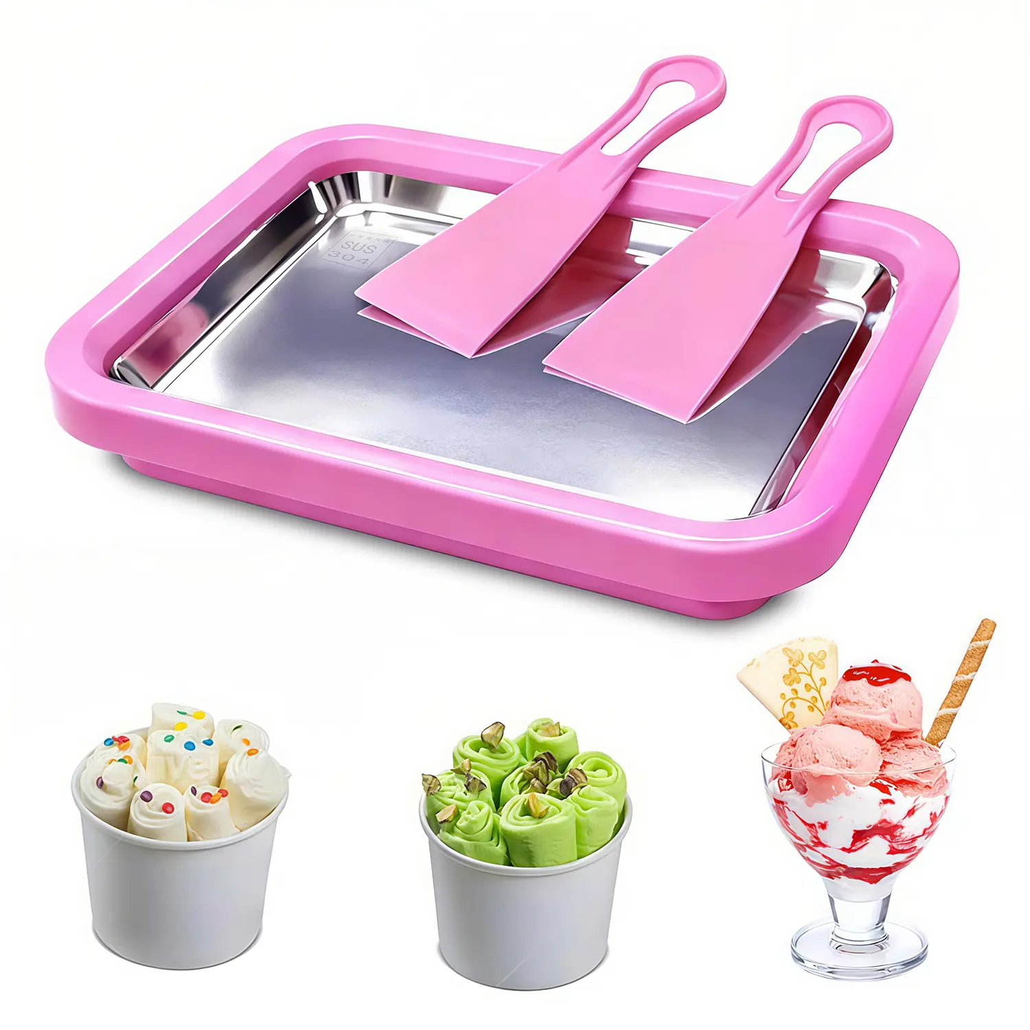 Yocrostar Countertop Ice Cream Roll Maker (icecreamrollmaker) - Durable 304 Stainless Steel Pan Kitchen Gadget, Smooth, Easy to Use, Freezer Prep Manual Operation Lolly & Ice Cream Moulds, Includes Spade for Family (3-4 Servings), Fruit/Chip Addins