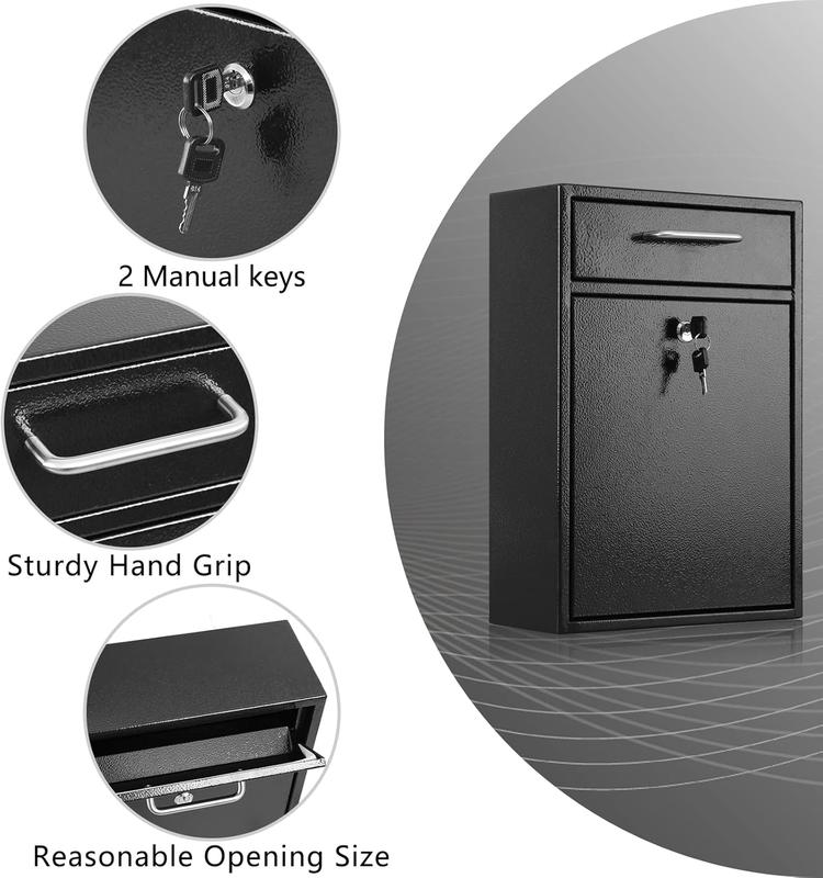 Metal Mailbox Wall Mount, Large Locking Mailbox with Key Lock, Hanging Secure Postbox,  Key Drop Box, Collection Boxes, Black, 17.6H x 12.2L x 5.7W Inches, XL Large