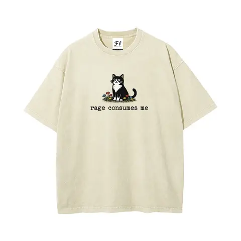Men's Vintage Batik Cotton Tshirt - Funny "Rage Consumes Me" Graphic, Retro Oversize Streetwear Fit, Short-Sleeve Round Neck, Stretch Casual Fabric, Snowflake Wash, Pre-Shrunk, Durable Daily Wear Top