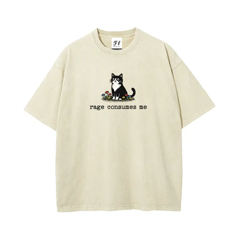 Men's Vintage Batik Cotton Tshirt - Funny "Rage Consumes Me" Graphic, Retro Oversize Streetwear Fit, Short-Sleeve Round Neck, Stretch Casual Fabric, Snowflake Wash, Pre-Shrunk, Durable Daily Wear Top