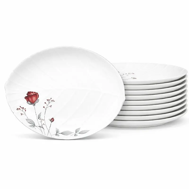 6/12pcs Luxury Opal Ceramic Rose Plate Set, 9in Heavyweight Premium Dinner Plates, Elegant White Floral Serving Dish for Steak Pasta Salad, High End Tableware for Home Dining, Gift & Special Occasions