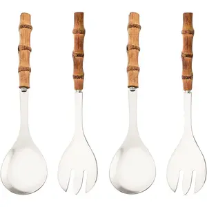 Serving Spoon and Fork Set, 304 Stainless Steel Serving Utensils with   Handle, 10" Long Handle Serving Set for Kitchen Party Buffet, 4 count / 2 of Each