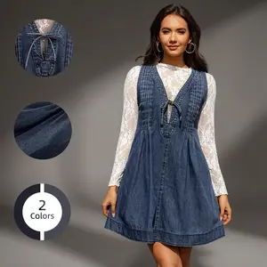 2026 Summer Essential!   Women's Oversized Vintage Denim Mini Dress with Ruffle Tie Front – The Ultimate # Summervibes Outfit