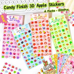 [4 Packs/200pcs of 3D Fruit Stickers] Candy Finish, Waterproof, 3D Durable Stickers, 200pcs Non-duplicate Fruit Stickers, 10 Extra Sticker Sheets as Freebies | Journal Supplies, DIY, Deco, Laptop & Phonecase Stickers, Keyboard Deco