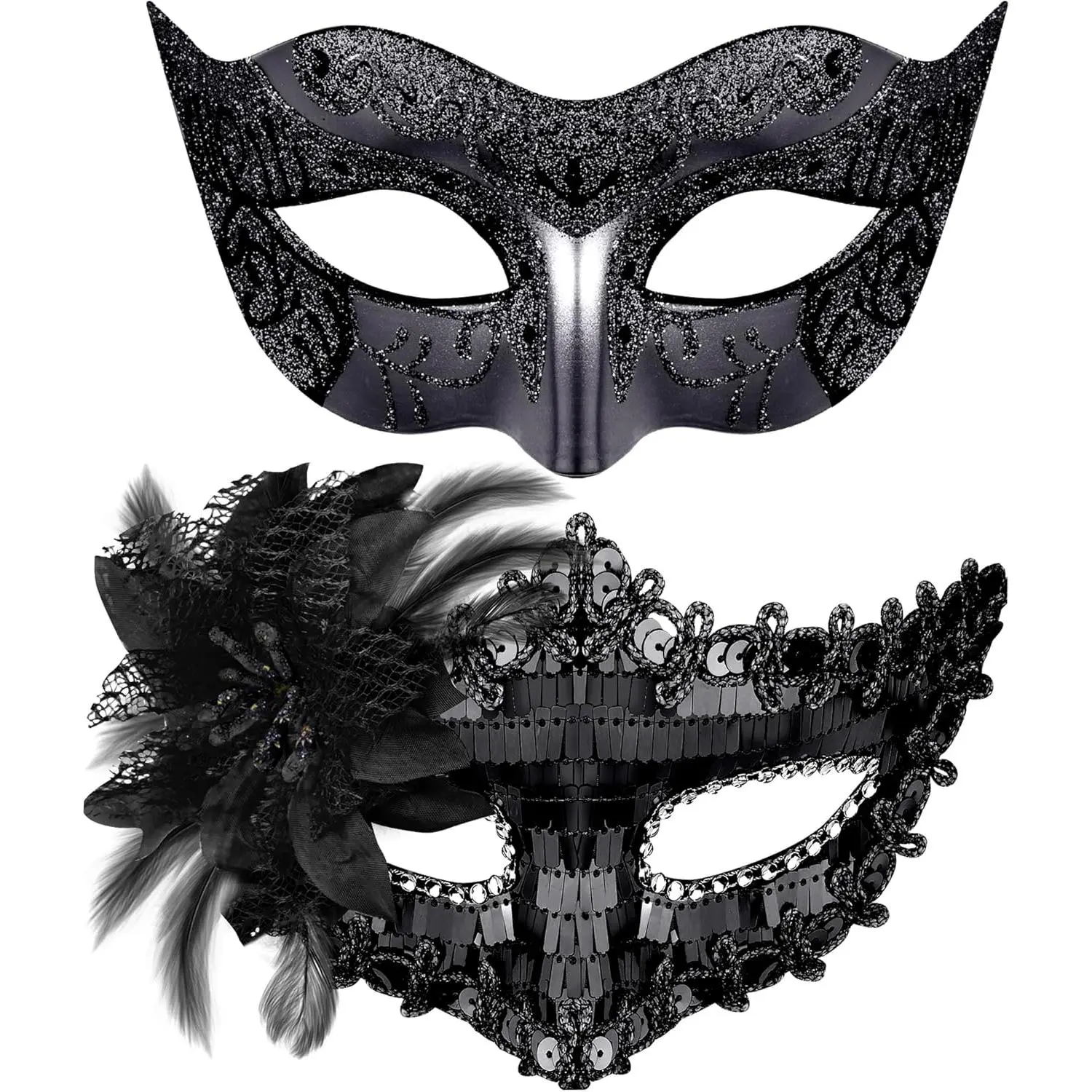Elegant 2-Piece Adults' Plastic Sequin Flower Venetian Couple Carnival Mask Set - Comfortable Lightweight Half-Face Costume Masks, Vintage Decorative Party Accessories (1 Size) for Halloween, Wedding Events