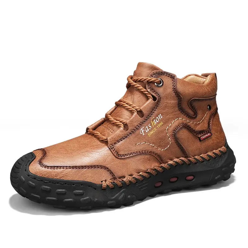 Men's Casual Sneakers, Retro Hand-Stitched High-Top Shoes, Leather Ankle Boots, Comfortable Walking Shoes with Round Toe, Flat Heel and Rubber Outsole for Outdoor Hiking, Urban Commuting, Work, Travel and Everyday Wear