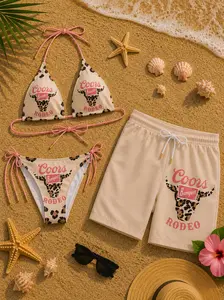 Coors Bikini & Men’s Shorts Set, Leopard Graphic Swimwear, Summer Beach Style, Bold Festival Vibes, Tropical Vacation Look