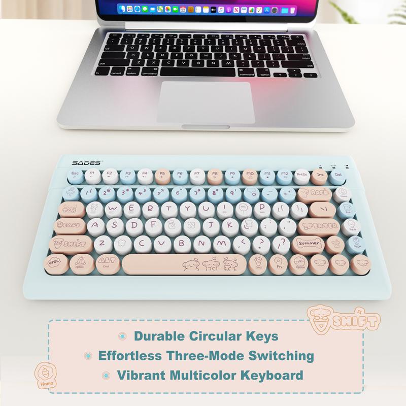 Wireless Bluetooth Keyboard for Mac, iPad, iPhone, PC, and Android—Connect Up to 3 Devices, Portable 84-Key Retro Typewriter Style, Light Blue