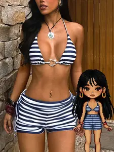 Women's Swimsuit bikini, Striped Print Bikini, Sexy stripe Print triangle halter swimsuit boyshort pants for Vacation, Beach Outfits, pool, sporty outfit, For spring and summer Halter Bikini Set