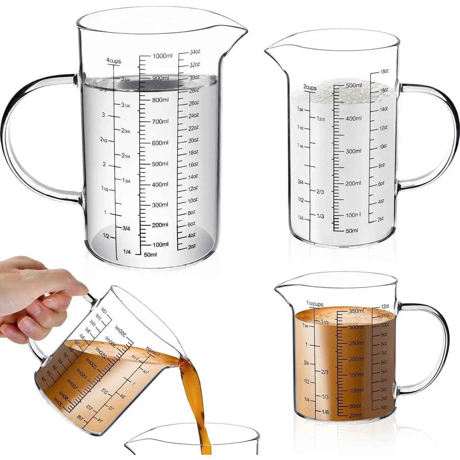 3 Pack Glass Measuring Cups,1-Cup,2-Cup,4-Cup Measuring Jugs with Handle &V Shaped Spout,3 Scales(Oz,Cup,Ml) High Borosilicate Glass Measuring Cup for Liquid Kitchen-Microwave Freezer Safe