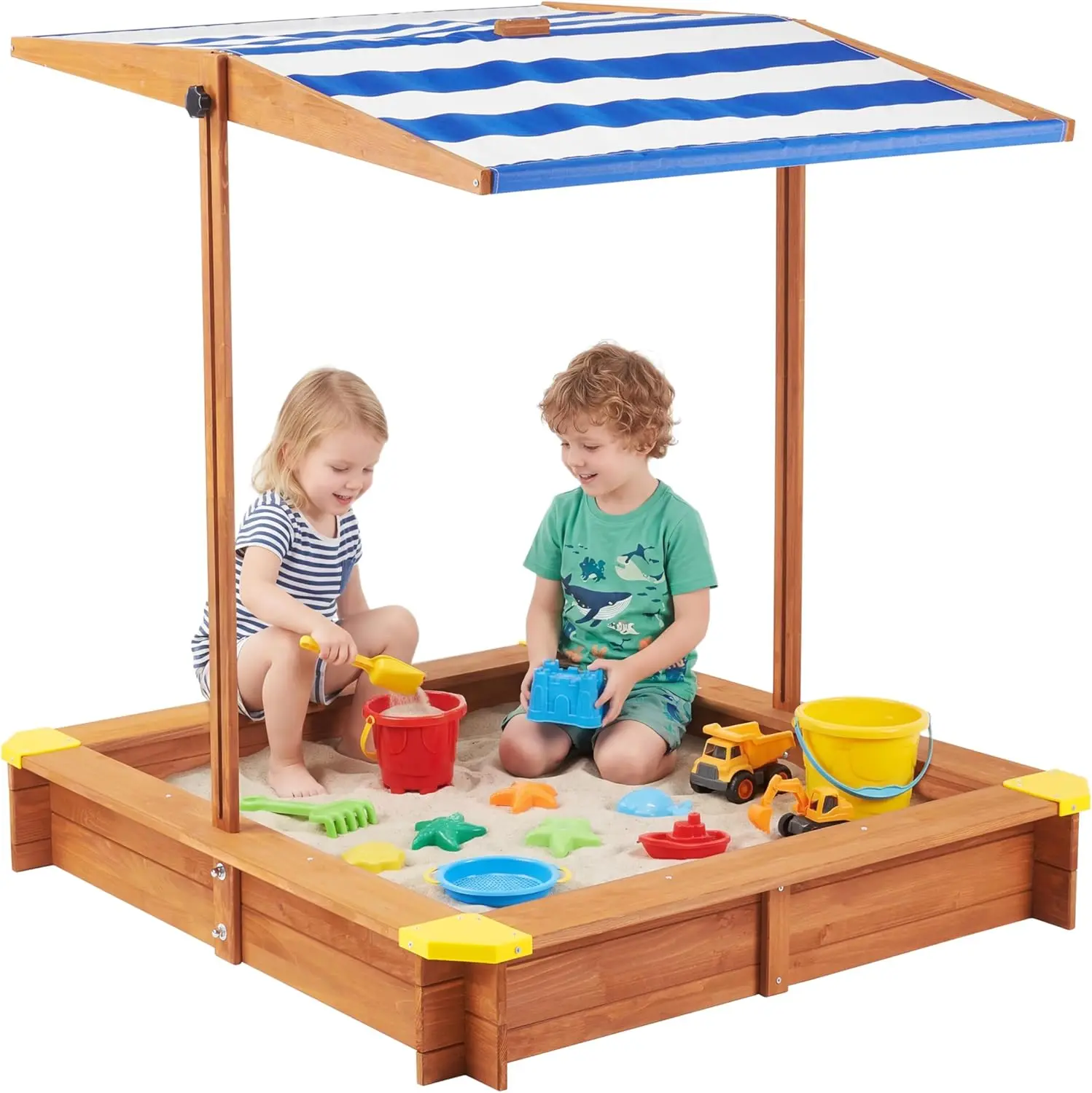 Kids Cedar Wooden Sandbox with Cover & Adjustable Canopy - 46.5" Large Outdoor Backyard Sandpit Toy for Sand Castle Play