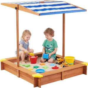 Kids Sandbox with Cover, 46.5" Wooden Sand Box w/Adjustable Canopy, Large Outdoor Cedar Sandpit for Backyard Play