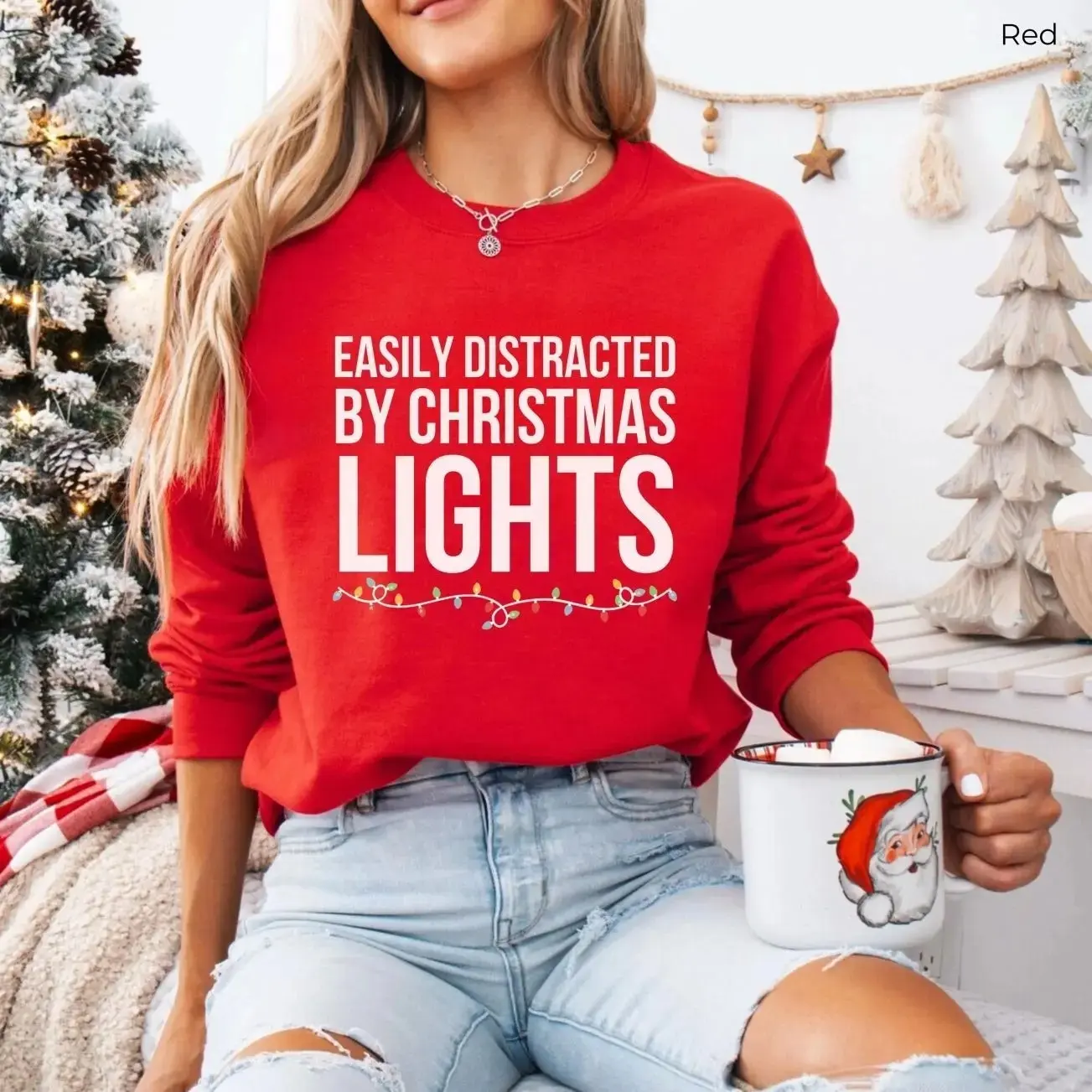 Easily Distracted by Christmas Lights Sweatshirt, Funny Christmas Pullover, Holiday Graphic Sweatshirt, Red Christmas Gift