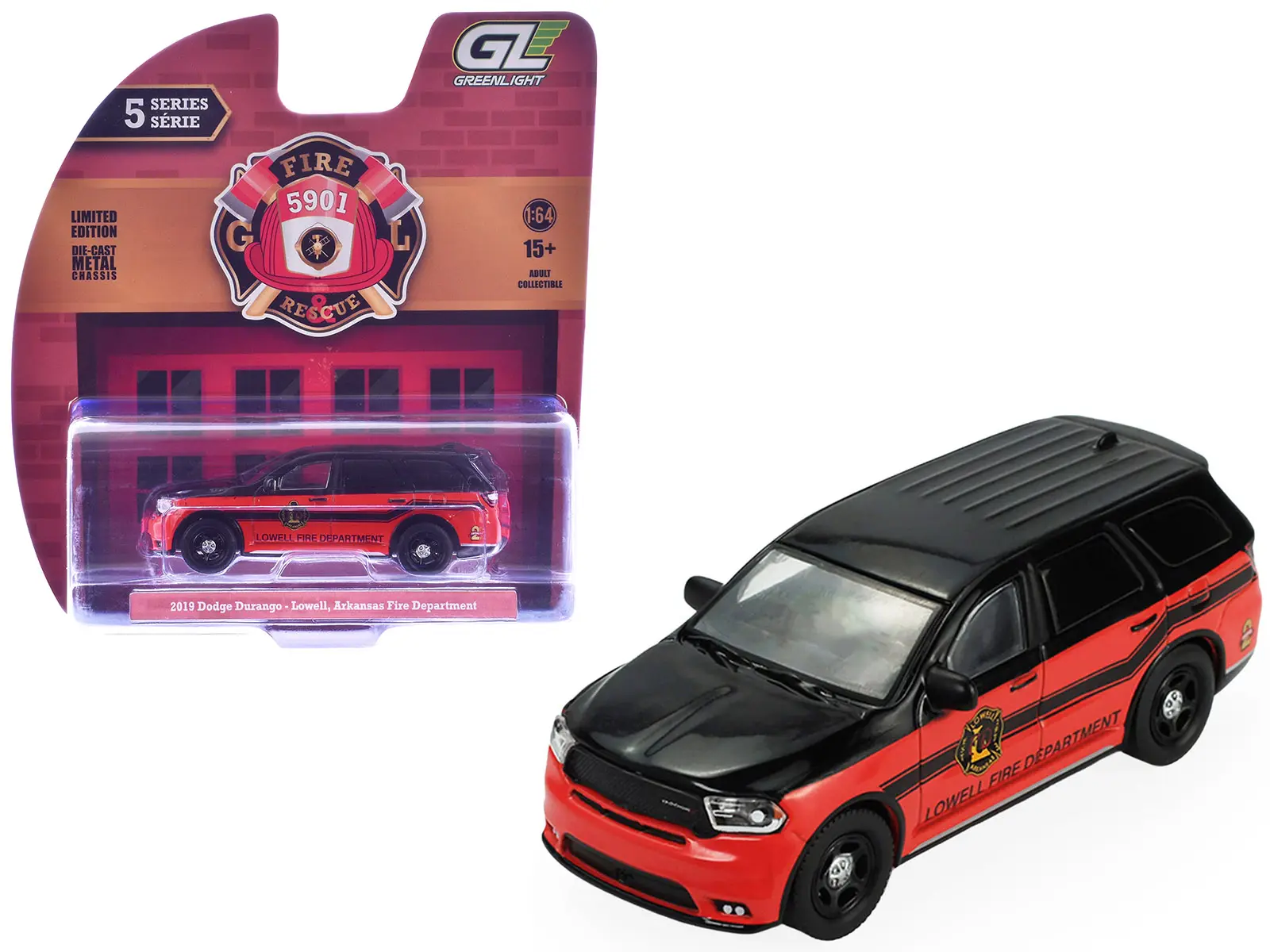 2019 Dodge Durango "Lowell, Arkansas Fire Department" Red and Black with Black Stripes 1/64 Diecast Model Car by Greenlight