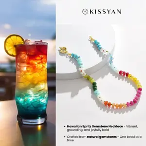 KissYan Beaded Gemstone Necklace for Women, Colorful Boho Bead Choker Natural Stone Surfer Beach Necklaces 14K Gold Plated Summer Handmade Jewelry