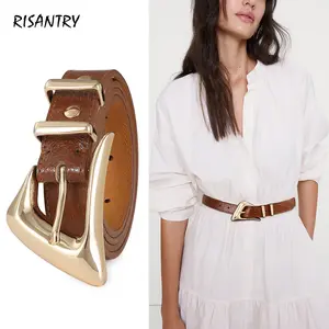 Risantry Women's Brown Textured Belt with Sculptural Gold Buckle - Polished Statement Belt for Everyday Dressing