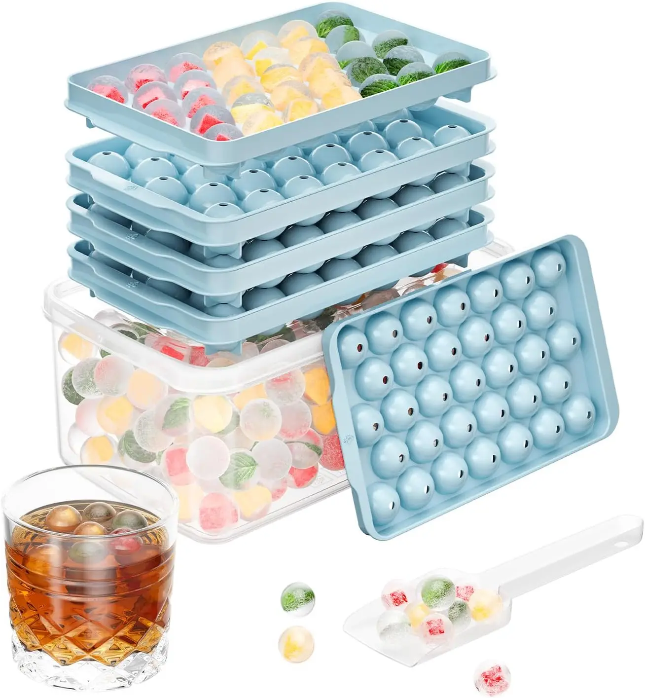 [USA - STOCK] 3 Pack Ice Trays for Freezer, 99 PCS Ice Cube Tray with Lid and Bin, Round Ice Cube Mold, Circle Ice Maker for Chilling Drinks (0.8 inch, Blue)