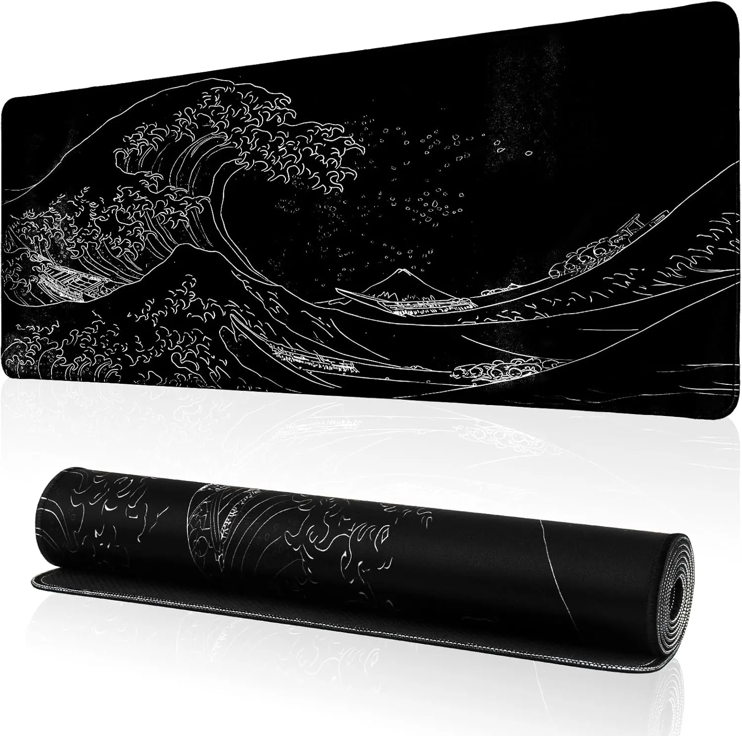 Japanese Sea Wave Gaming Mouse Pad, Anime Gaming Mousepad, Extended Kanagawa Mat Desk Mat, Large Desk pad 31.5x11.8 Inch 3mm Thick Long Non-Slip Rubber Base Mouse Pads (Black)