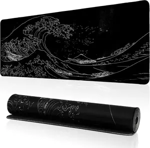 Japanese Sea Wave Gaming Mouse Pad, Anime Gaming Mousepad, Extended Kanagawa Mat Desk Mat, Large Desk pad 31.5x11.8 Inch 3mm Thick Long Non-Slip Rubber Base Mouse Pads (Black)